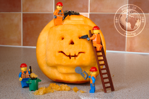 The workmen were scarily good at pumpkin carving; lego; minifigs; minifigure; photography; minifgure; worldofminifigs; world of minifigs; lego pumpkin; carving